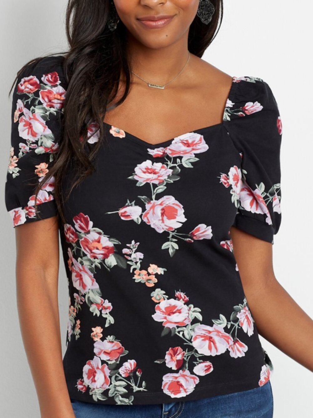 Maurice’s Black Floral Sweetheart-Neck Puff Sleeve Blouse XXL